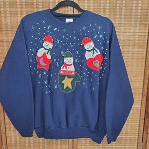 ♧ Festive Blue Snowman Ring Neck Sweatshirt Size Large
